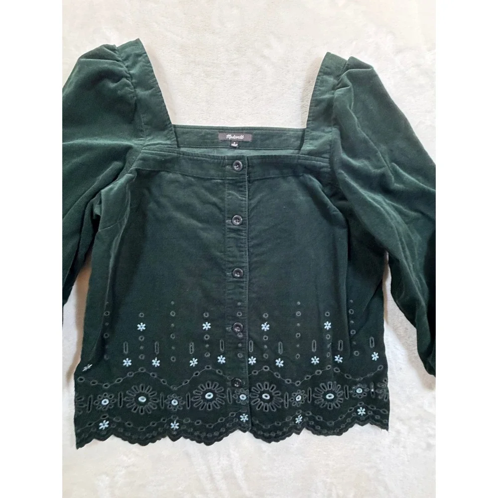 Madewell Green Eyelet Corduroy Button Front Top Women S Excellent
